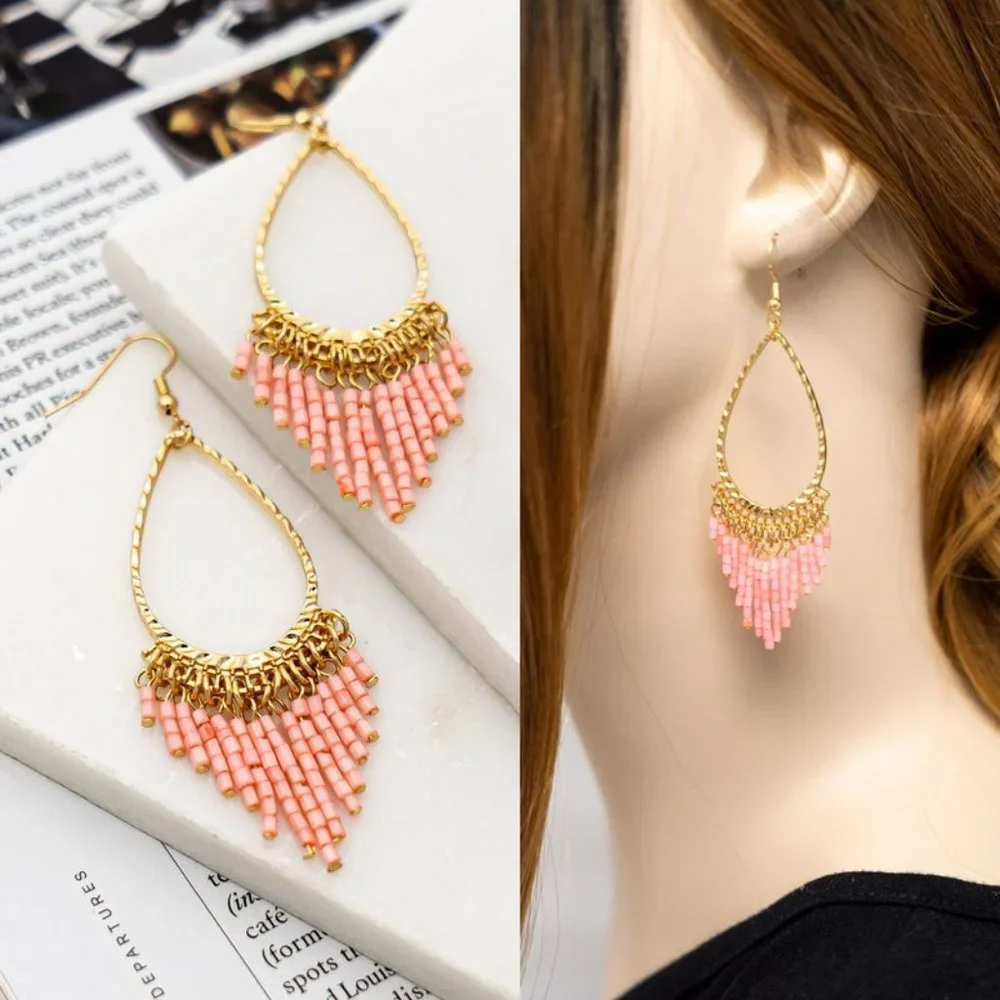 NEW Tear Drop Hoop Beaded Tassel Fringe Drop Statement Earrings Black Ivory Pink